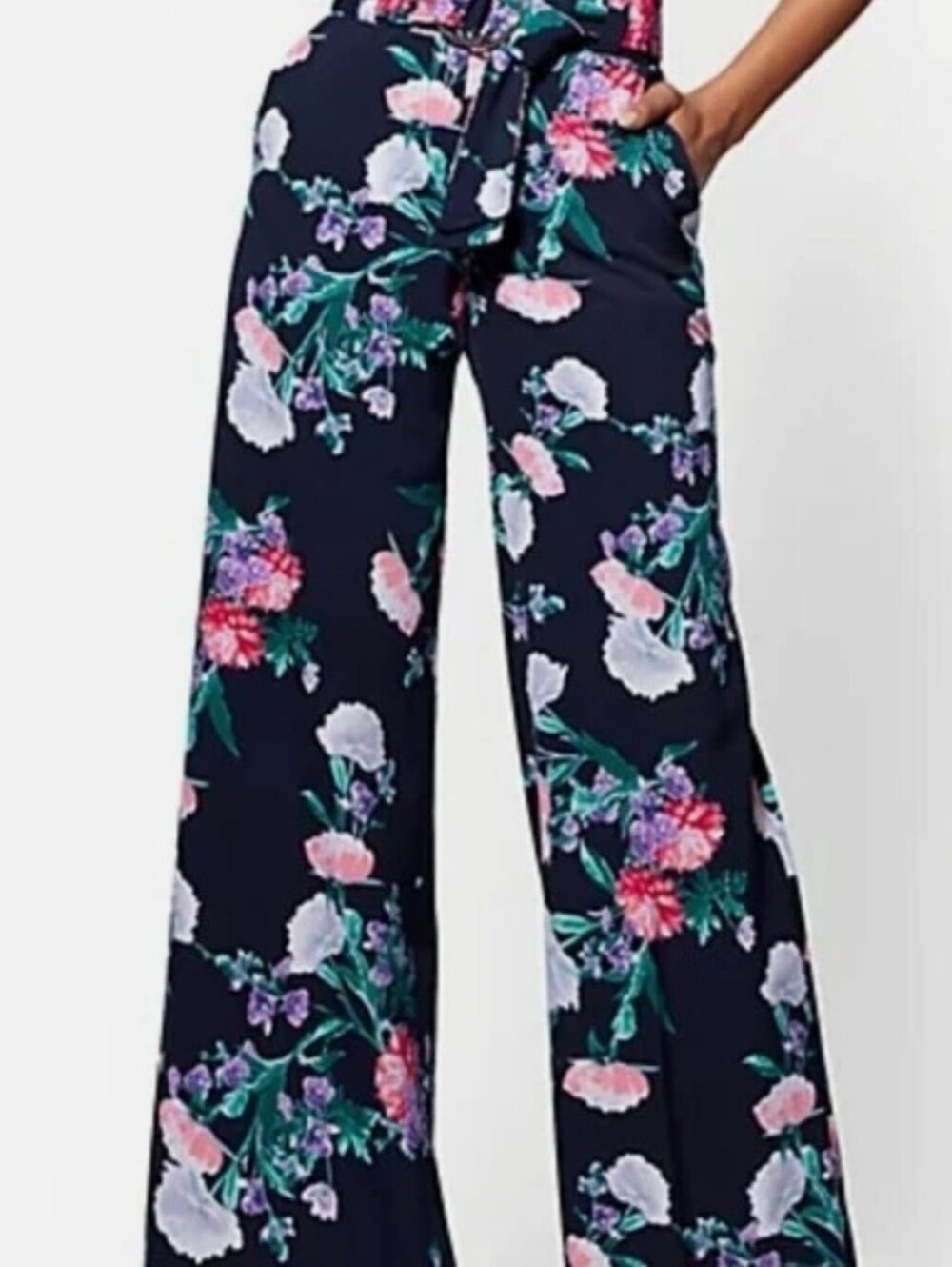New York & Company  Wide-Leg Navy Floral Paperbag Tie-Waist  Pants